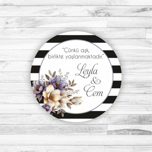 Renkli Çiçekli Siyah Şeritli Ahşap Magnet