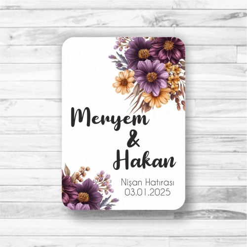 Mor Çiçek  Temalı Ahşap Magnet