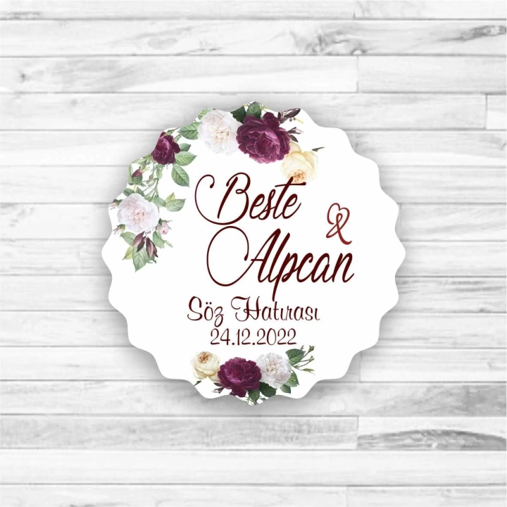 Bordo Çiçek Temalı Ahşap Magnet