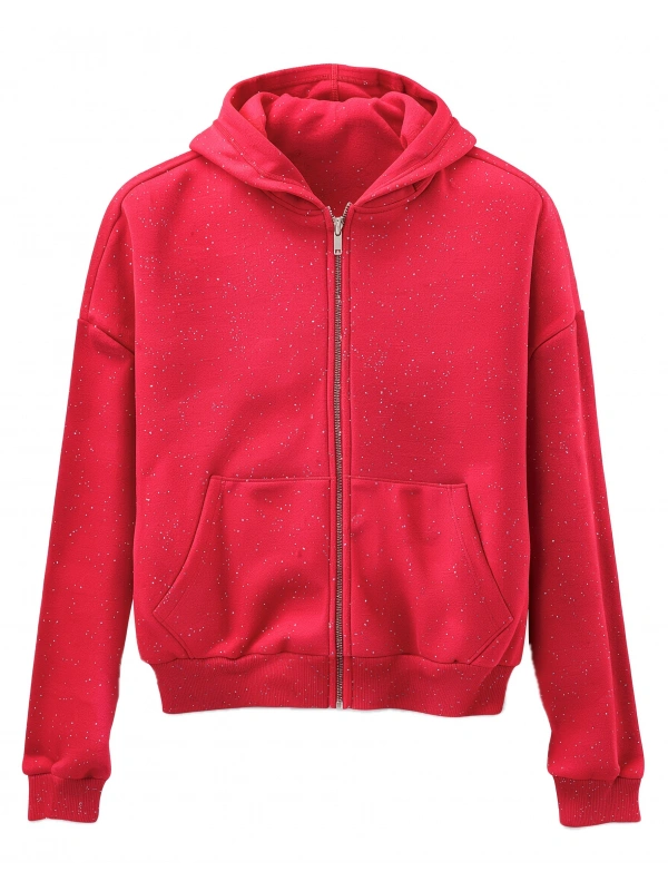 Simli Fermuarlı Oversize Kapşonlu Sweat-Kırmızı