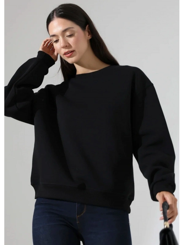 Şardonlu Oversize Bisiklet Yaka Sweat - Siyah