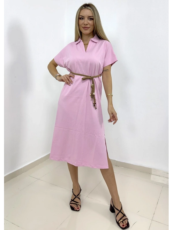 Yakalı Hasır Kemer Elbise - Pembe