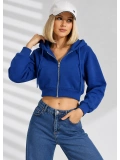 Kısa Fermuarlı Kapşonlu Kanguru Cep Şardonlu Basic Sweat - Saks