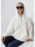 Şardonlu Fermuarlı Oversize Kanguru Cepli Sweat - Ekru