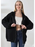 Şardonlu Fermuarlı Oversize Kanguru Cepli Sweat - Siyah