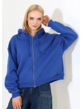 Şardonlu Oversize Fermuarlı Kapşonlu Sweat - Saks