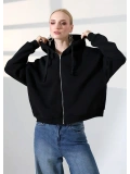 Şardonlu Oversize Fermuarlı Kapşonlu Sweat - Siyah