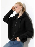 Şardonlu Oversize Fermuarlı Kapşonlu Sweat - Siyah