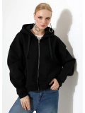 Şardonlu Oversize Fermuarlı Kapşonlu Sweat - Siyah