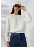 Şardonlu Oversize Geniş Yaka Kısa Sweat - Beyaz