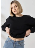 Şardonlu Oversize Geniş Yaka Kısa Sweat - Siyah