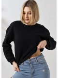 Şardonlu Oversize Geniş Yaka Kısa Sweat - Siyah