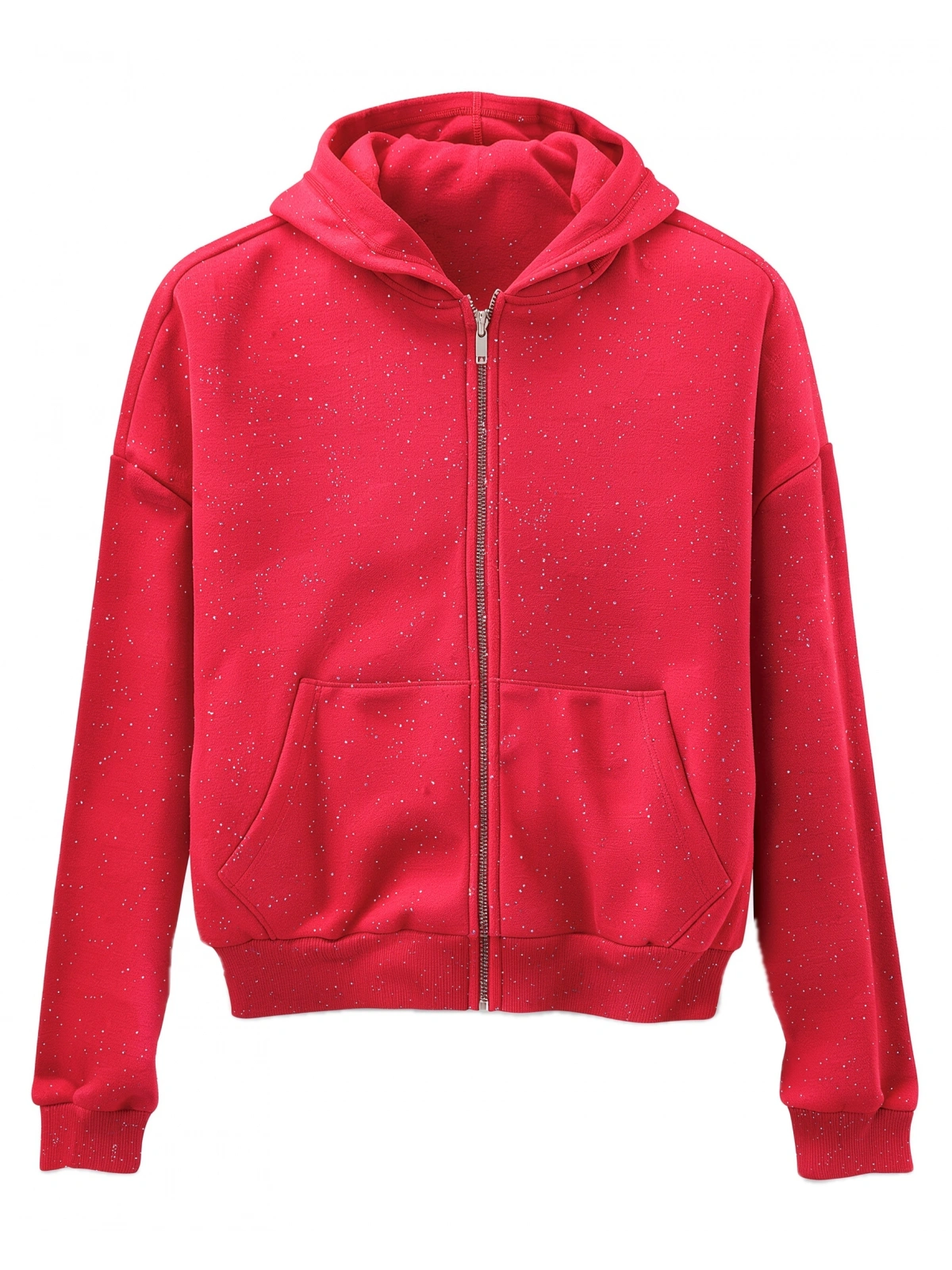 Simli Fermuarlı Oversize Kapşonlu Sweat-Kırmızı