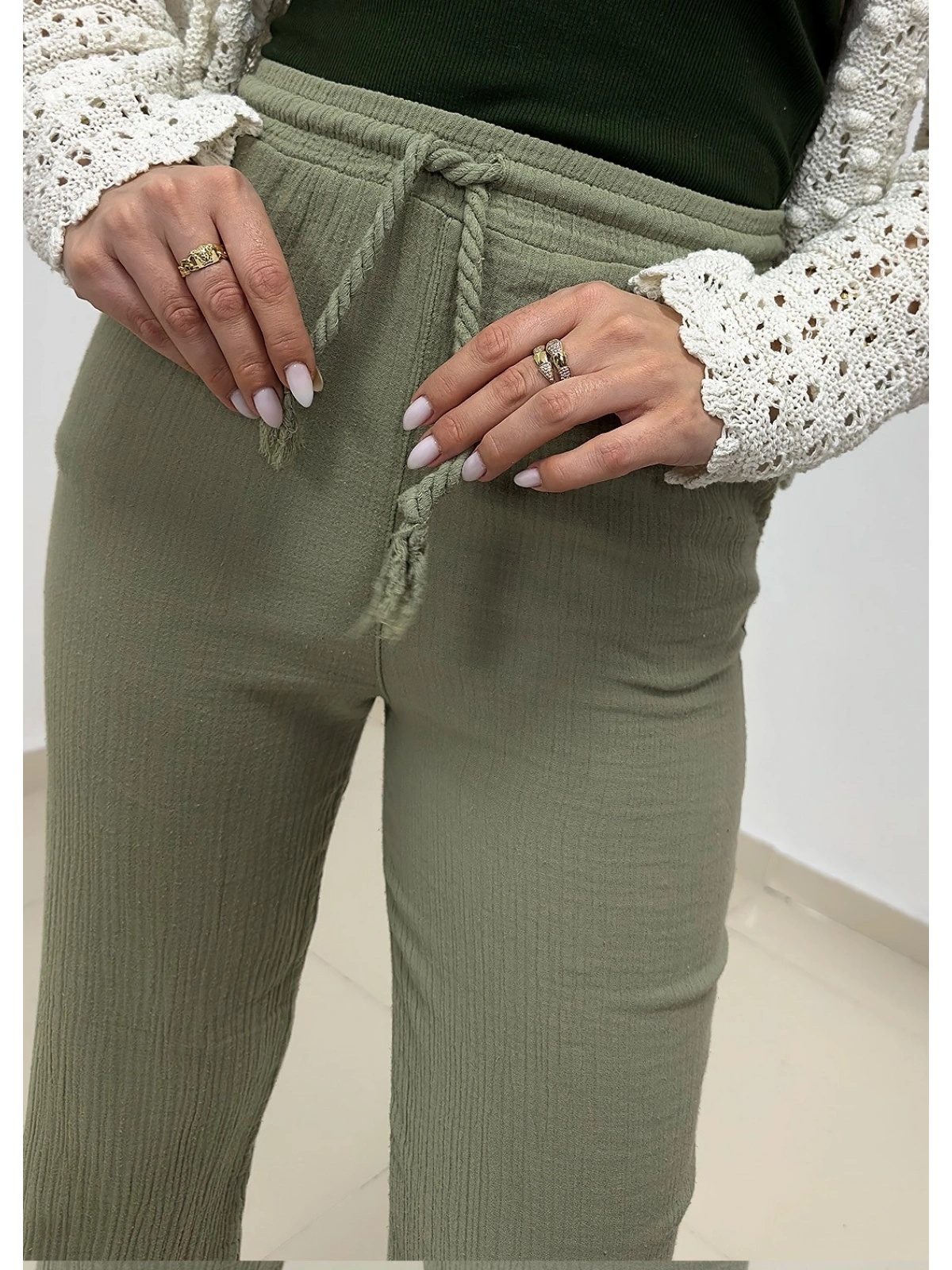 Beli Bağcıklı Müslin Pantolon - Yeşil