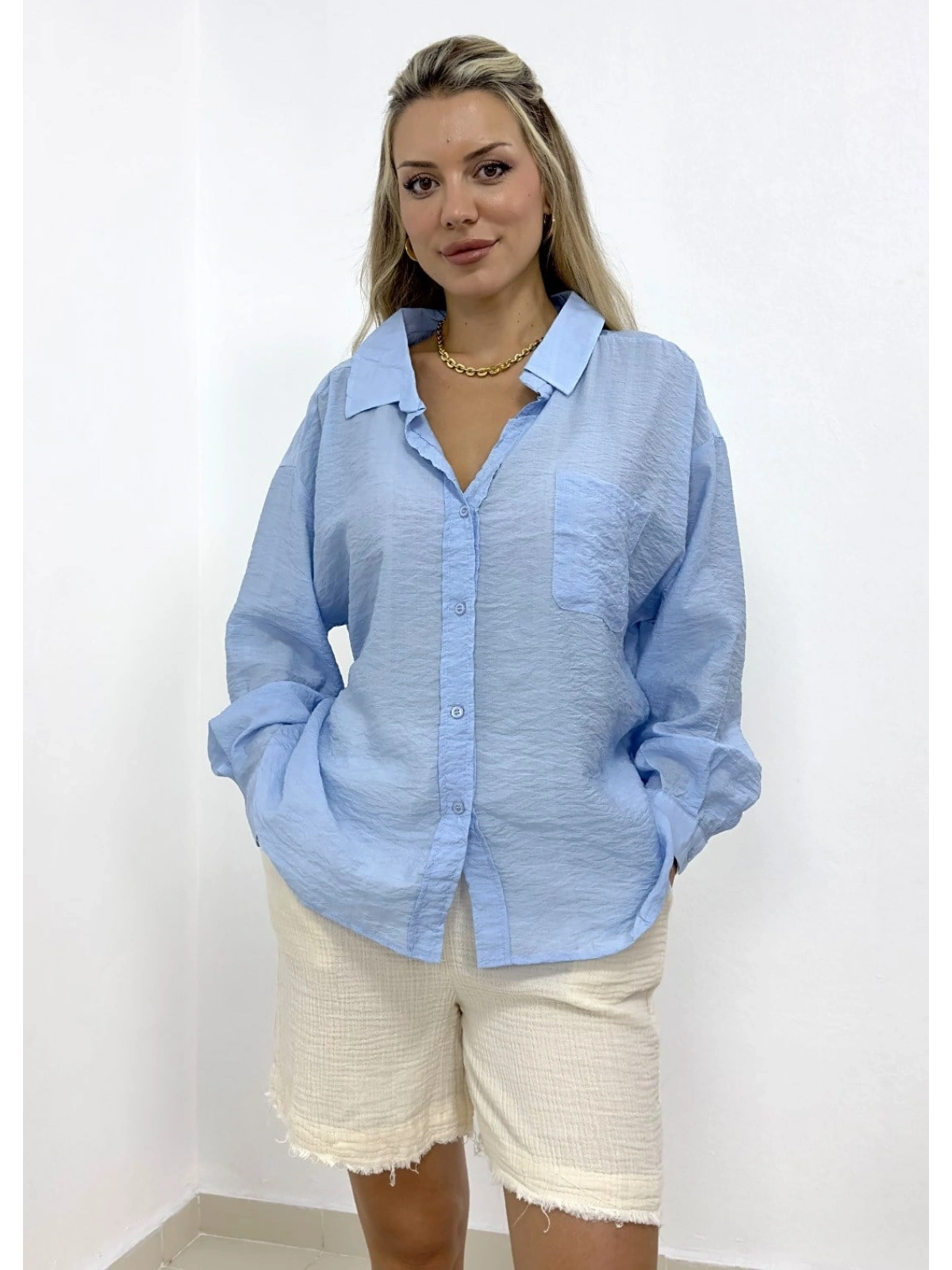 Cepli Oversize Gömlek - Bebe Mavi