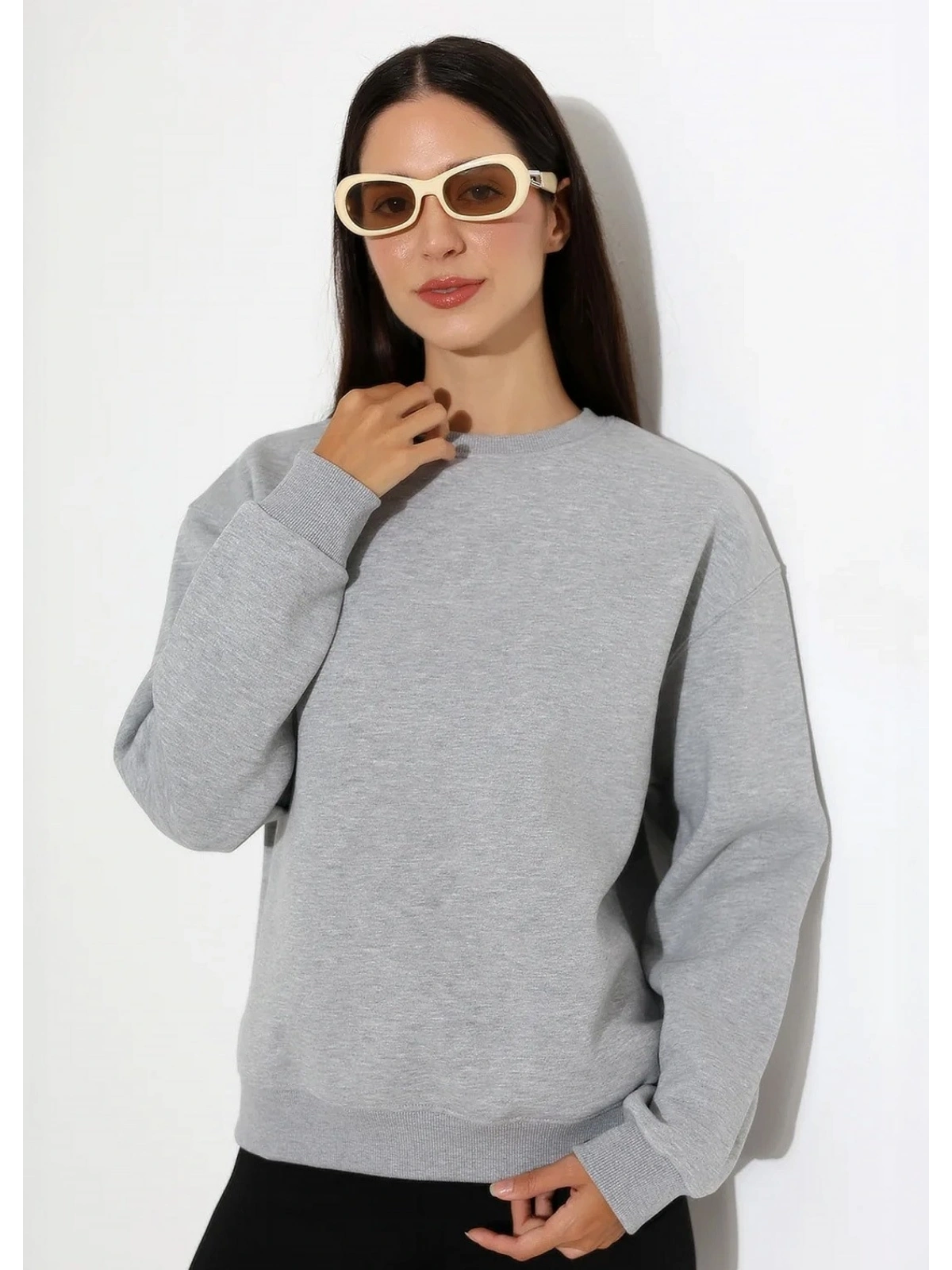 Şardonlu Oversize Bisiklet Yaka Sweat - Gri