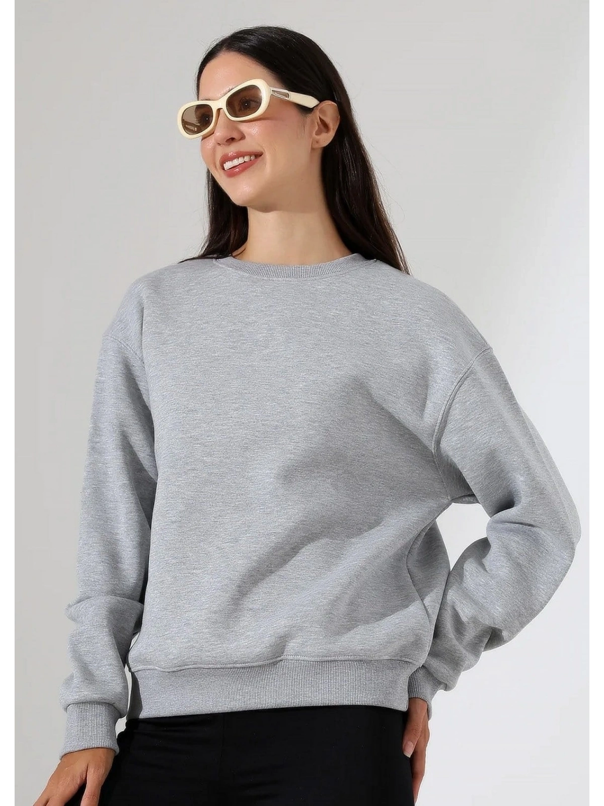 Şardonlu Oversize Bisiklet Yaka Sweat - Gri