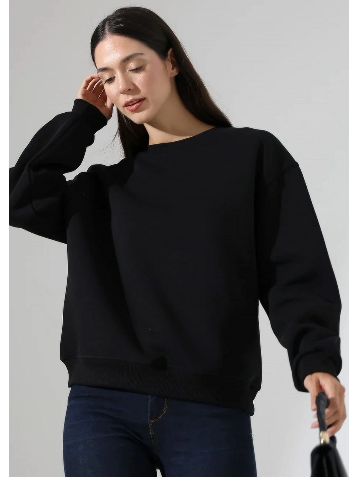 Şardonlu Oversize Bisiklet Yaka Sweat - Siyah