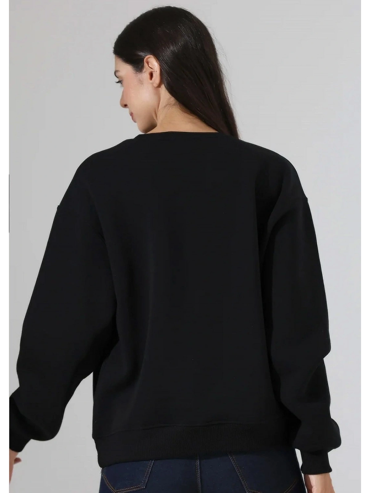 Şardonlu Oversize Bisiklet Yaka Sweat - Siyah