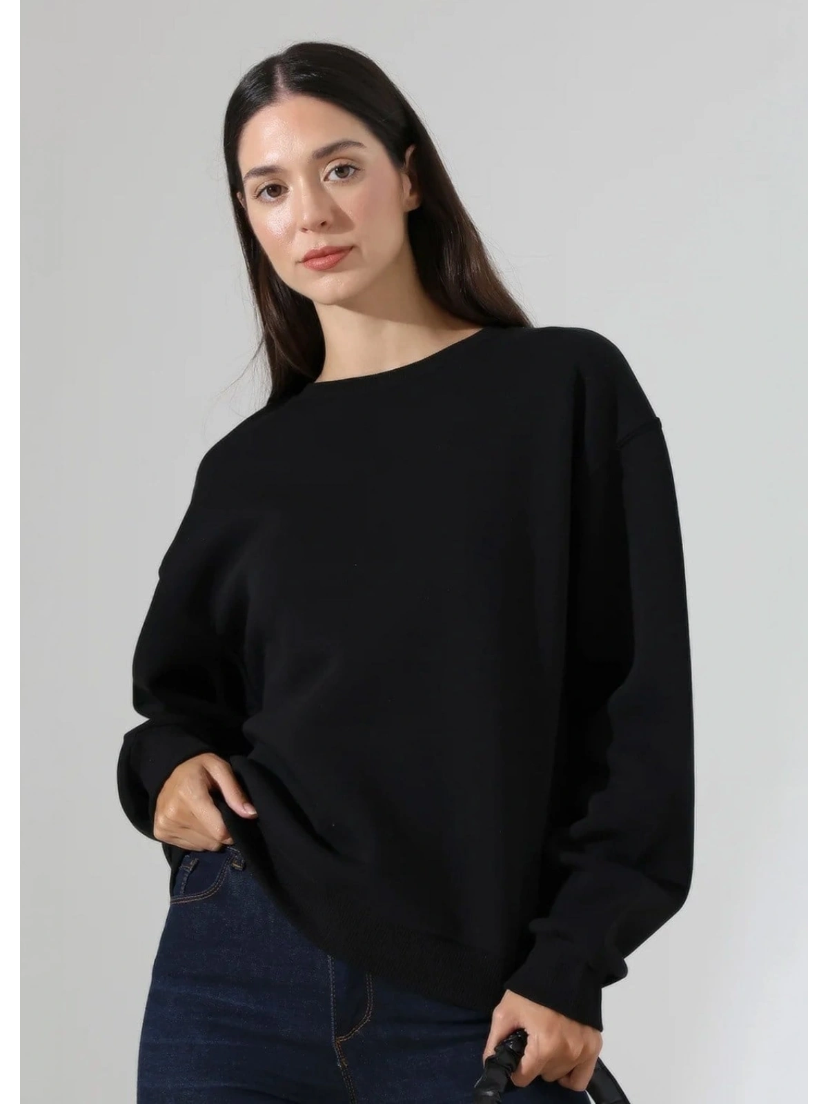 Şardonlu Oversize Bisiklet Yaka Sweat - Siyah