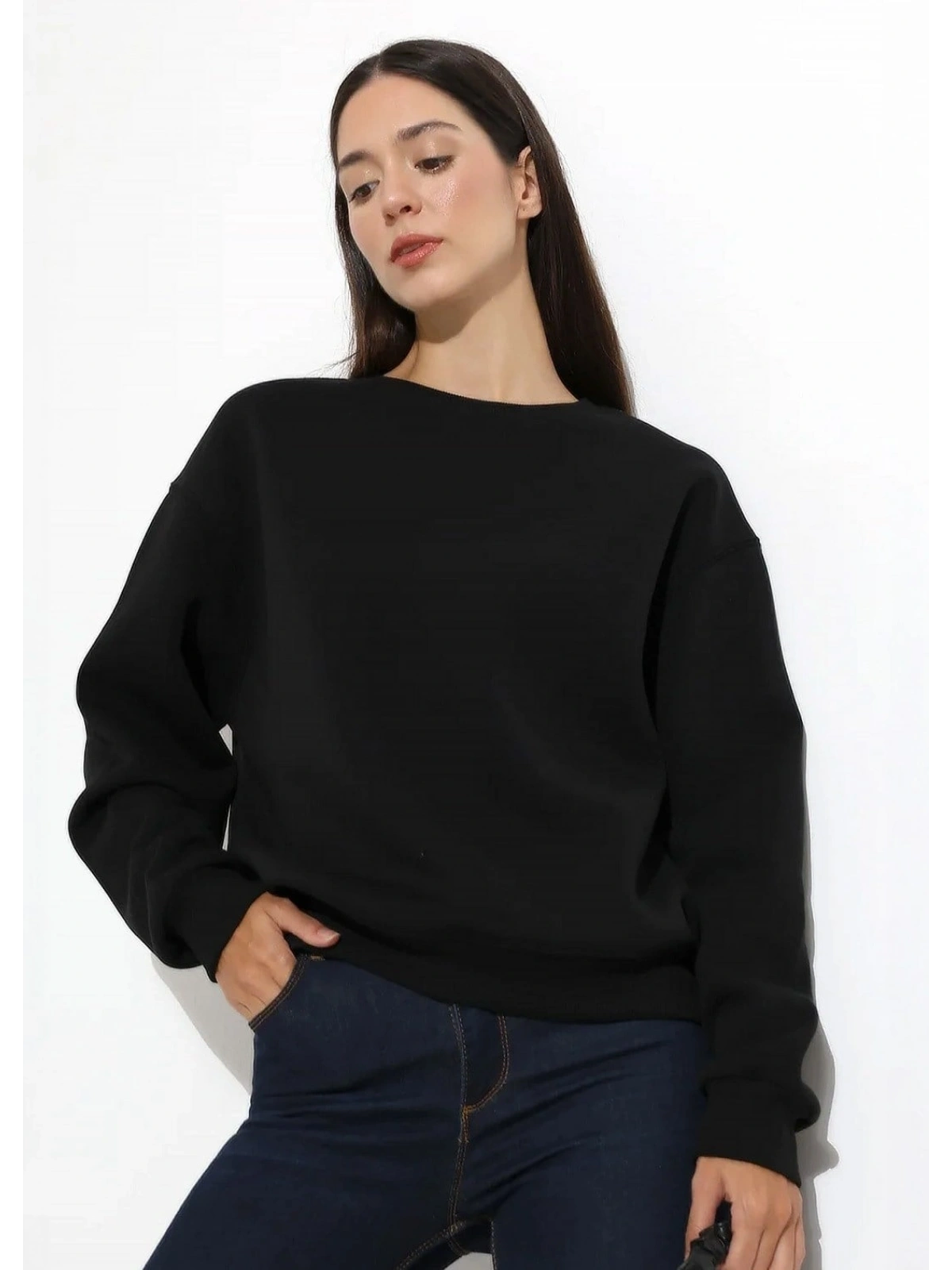Şardonlu Oversize Bisiklet Yaka Sweat - Siyah