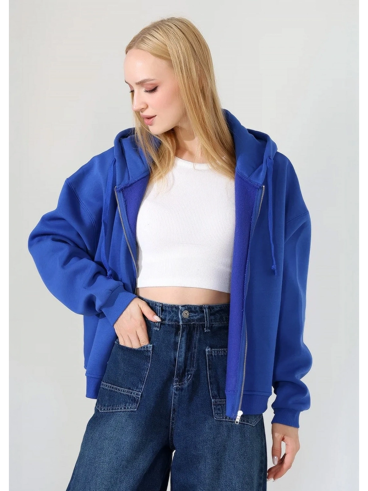Şardonlu Oversize Fermuarlı Kapşonlu Sweat - Saks