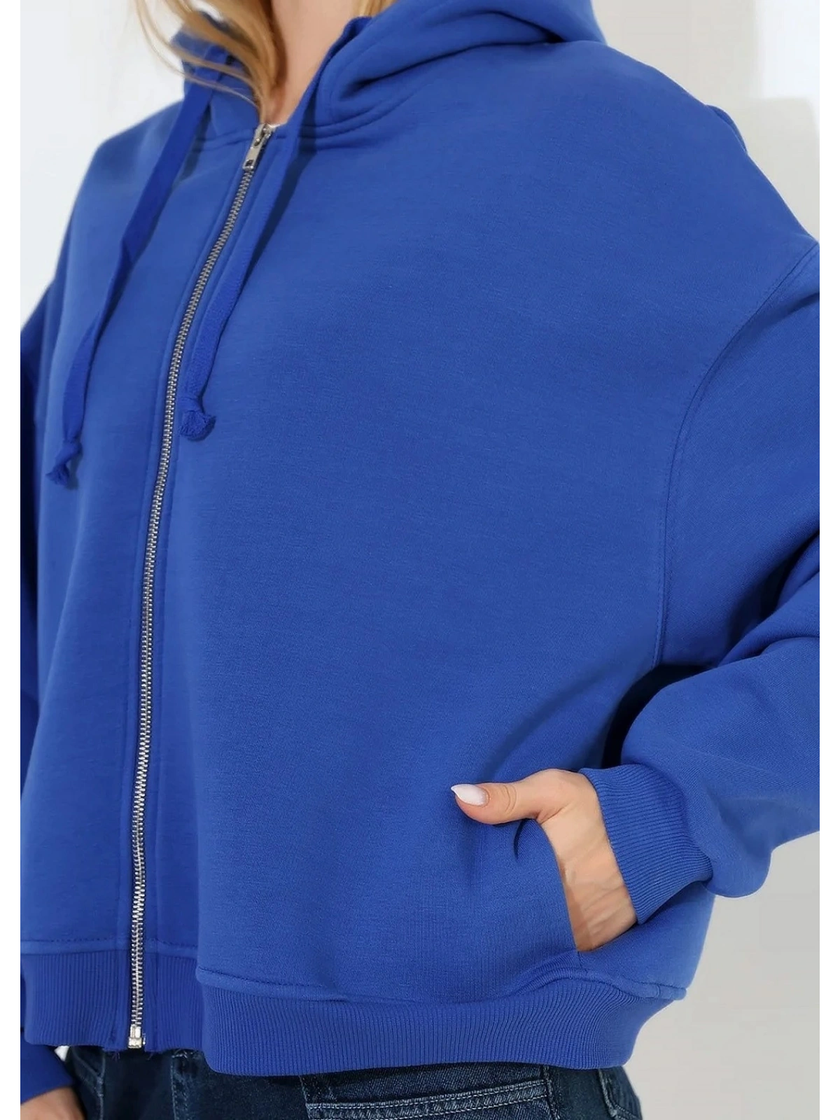 Şardonlu Oversize Fermuarlı Kapşonlu Sweat - Saks
