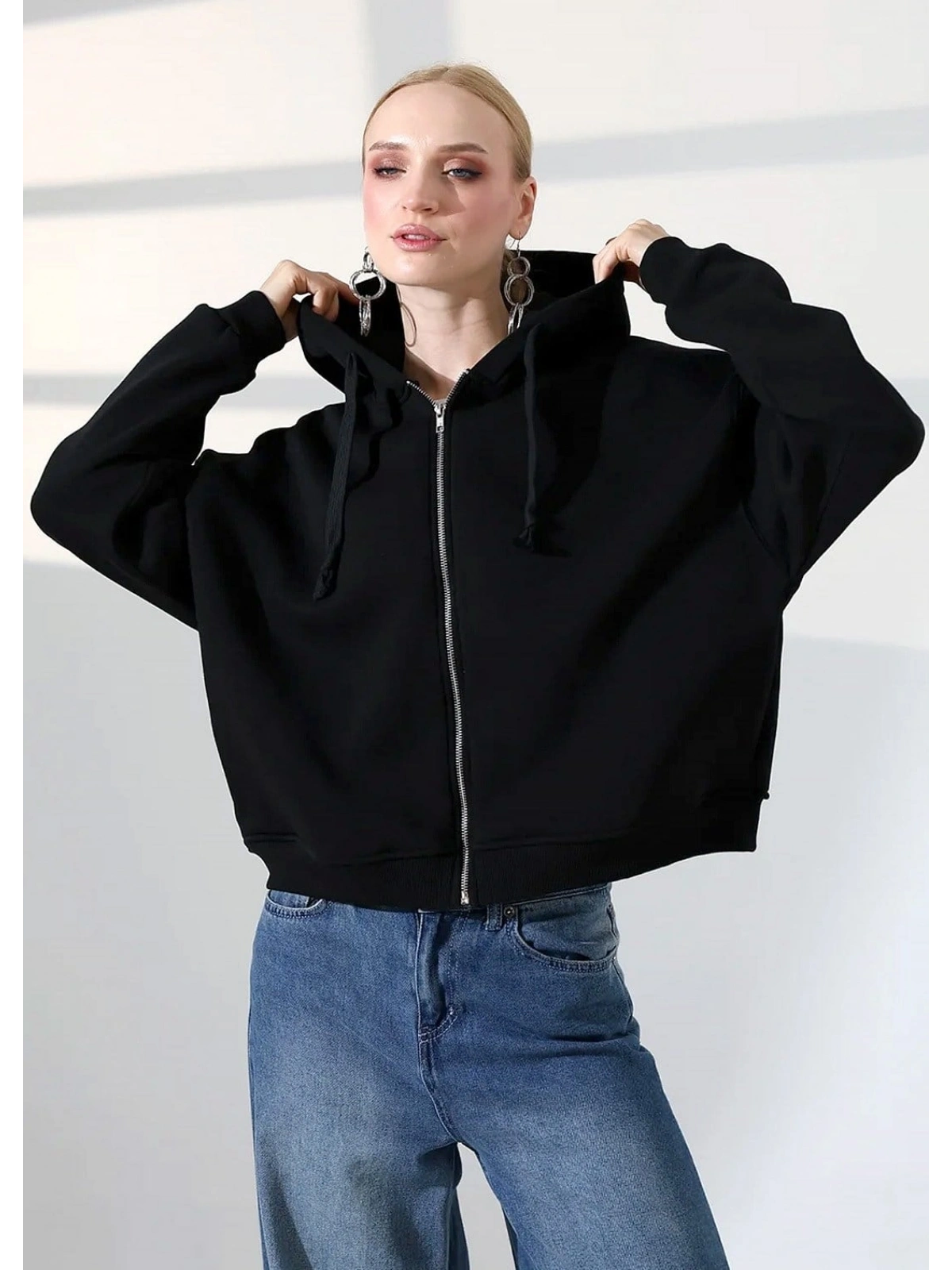 Şardonlu Oversize Fermuarlı Kapşonlu Sweat - Siyah