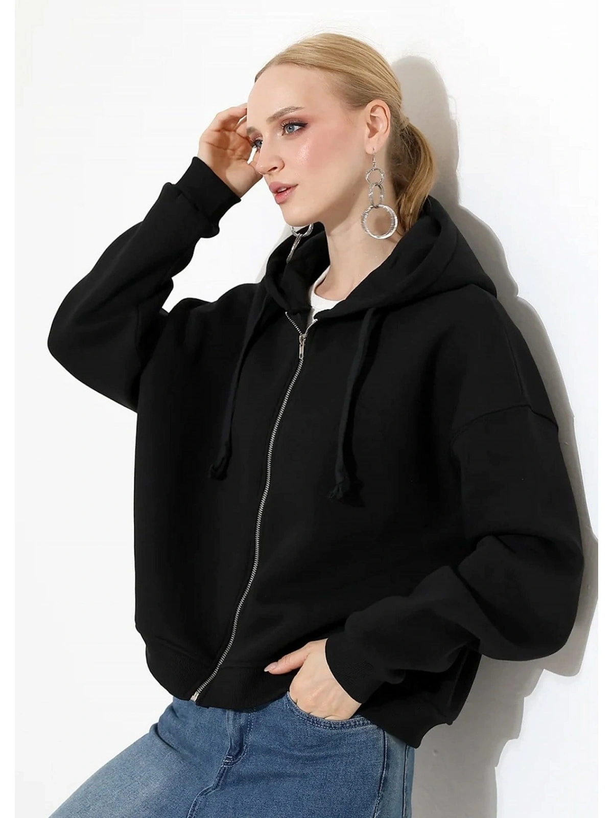 Şardonlu Oversize Fermuarlı Kapşonlu Sweat - Siyah