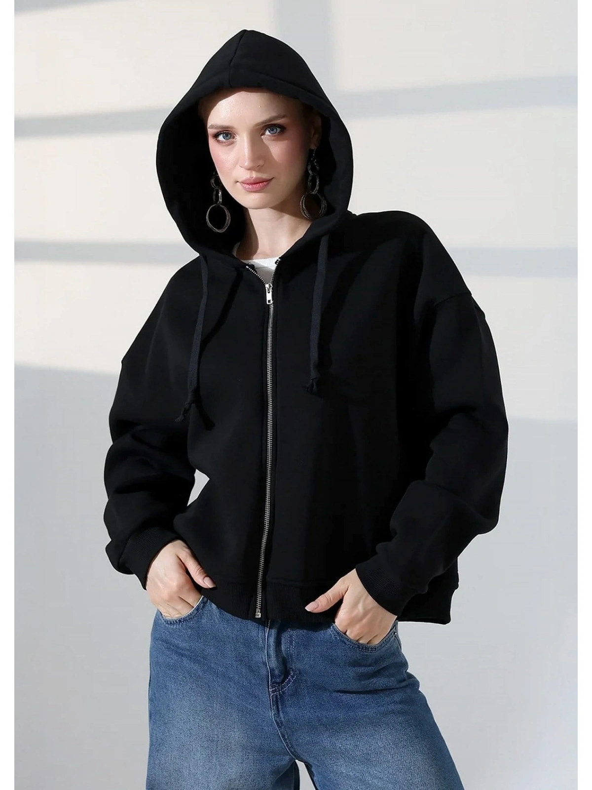 Şardonlu Oversize Fermuarlı Kapşonlu Sweat - Siyah