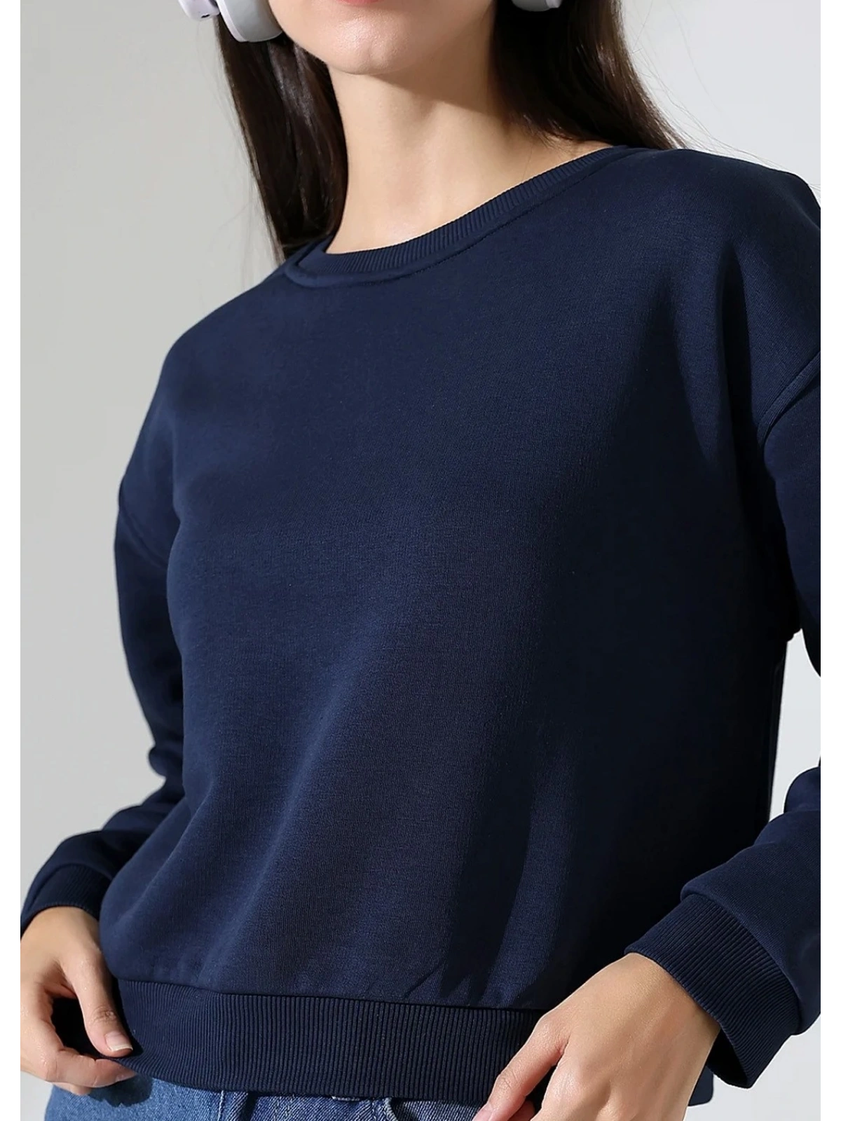 Şardonlu Oversize Geniş Yaka Kısa Sweat - Lacivert
