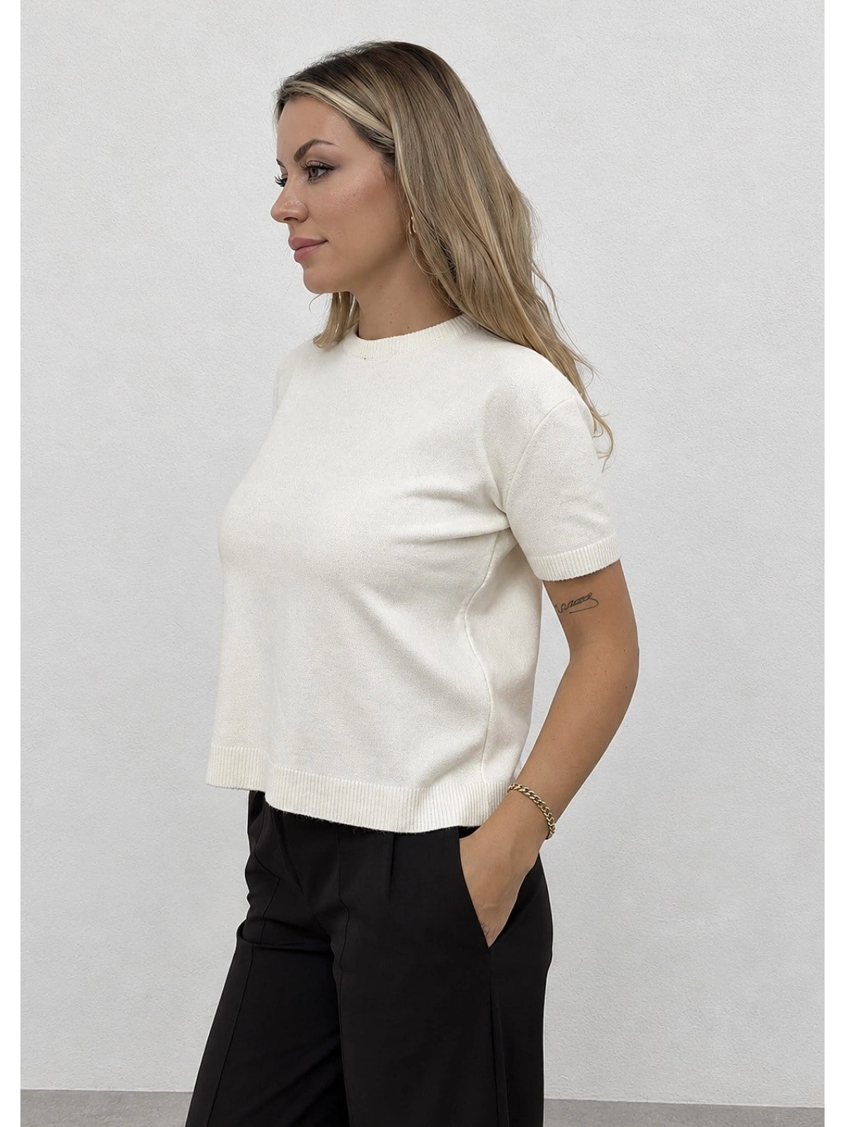 Yumoş Kısa Kollu Basic Triko - Kemik