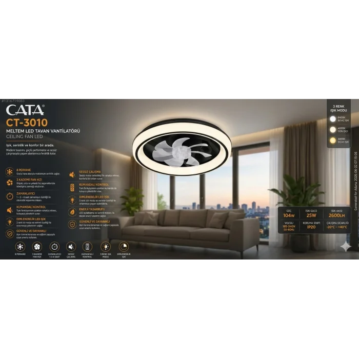 Cata Ct 3010 Meltem 70w Ledli Tavan Vantilatörü Kumandalı 3 Renk (SİYAH)