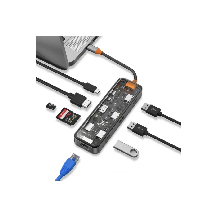 Cb008 Cyber 8 In 1 Type-c Uyumlu 100w Şarj Destekli Şeffaf Görünüm Sd Kart-rj45-hdmi-usb Çoğaltıcı