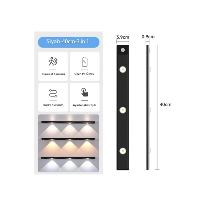 Cata Sensörlü Şarjlı Mıknatıslı 3 Farklı Işık Renkli Dimmerli 40cm Siyah / CT-2464