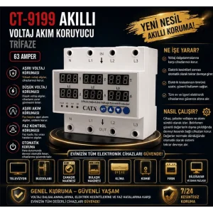 Cata CT-9199 Akıllı Dijital Trifaze Voltaj ve Akım Koruyucu Röle - 63 Amper (Üç Faz Bağımsız İzleme)