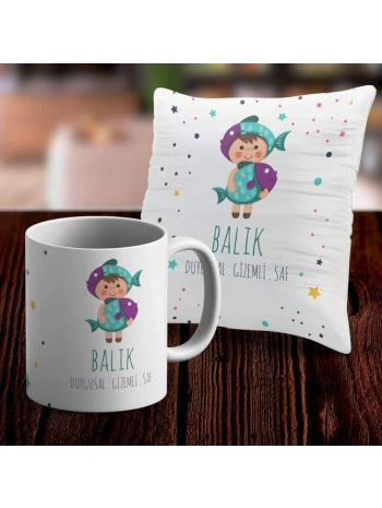 Balık Tasarımlı Sevimli Kupa ve Yastık Kılıfı Seti