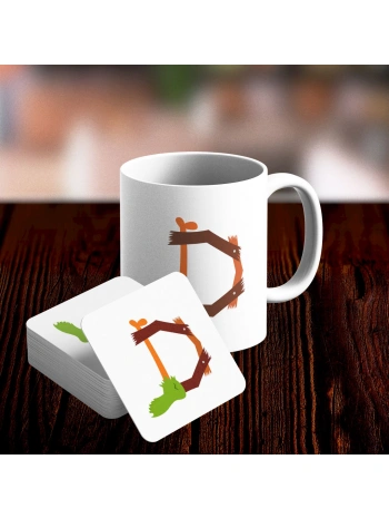 D Harfi Tasarımlı Kupa ve Bardak Altlığı Seti