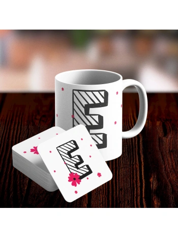 E Harfi Tasarımlı Kupa ve Bardak Altlığı Seti