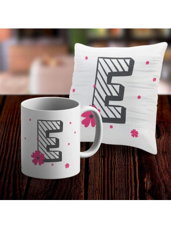 E Harfi Tasarımlı Kupa ve Yastık Kılıfı Hediye Seti