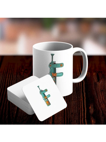 F Harfi Tasarımlı Kupa ve Bardak Altlığı Seti