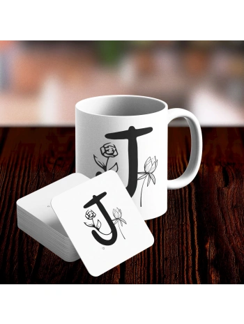 J Harfi Tasarımlı Kupa ve Bardak Altlığı Seti