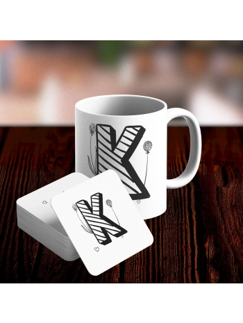 K Harfi Tasarımlı Kupa ve Bardak Altlığı Seti