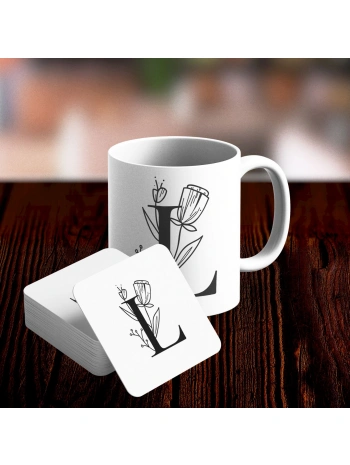 L Harfi Tasarımlı Kupa ve Bardak Altlığı Seti