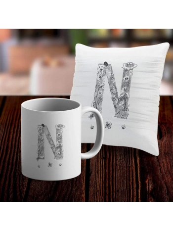 N Harfi Tasarımlı Kupa ve Yastık Kılıfı Hediye Seti