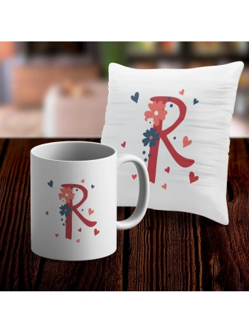 R Harfi Tasarımlı Kupa ve Yastık Kılıfı Hediye Seti