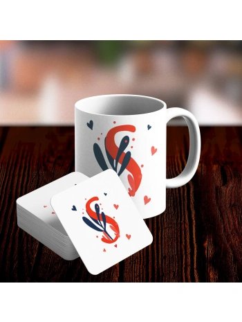 S Harfi Tasarımlı Kupa ve Bardak Altlığı Seti