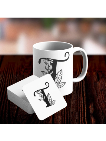 T Harfi Tasarımlı Kupa ve Bardak Altlığı Seti