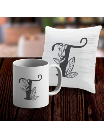 T Harfi Tasarımlı Kupa ve Yastık Kılıfı Hediye Seti