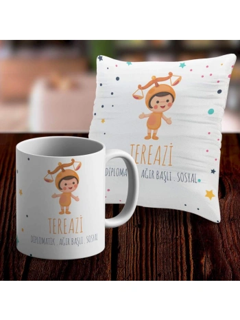Terazi Tasarımlı Sevimli Kupa ve Yastık Kılıfı Seti